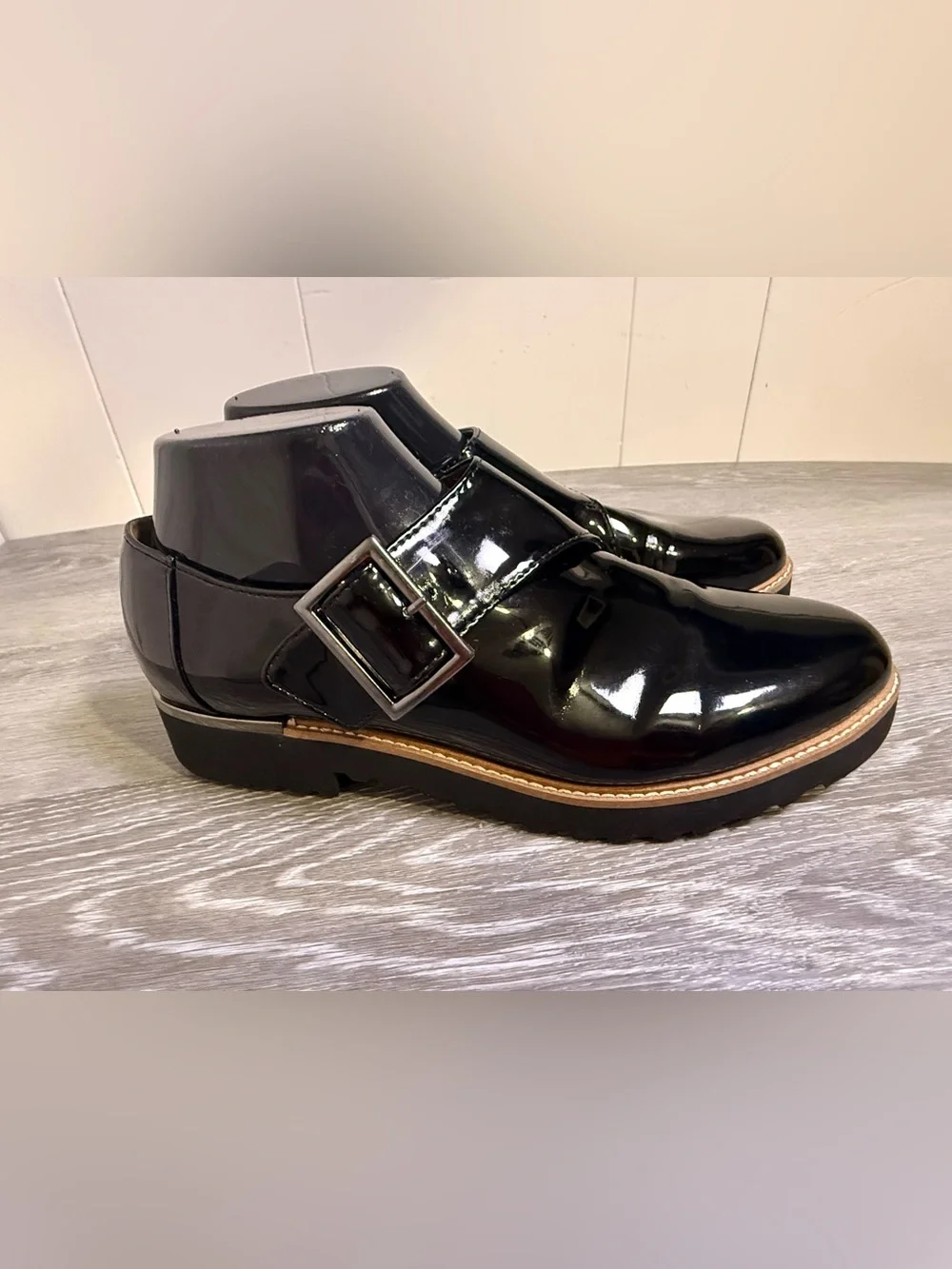 Franco Sarto Black Patent Leather Monk Strap Lug Sole Shoes Size 8.5M